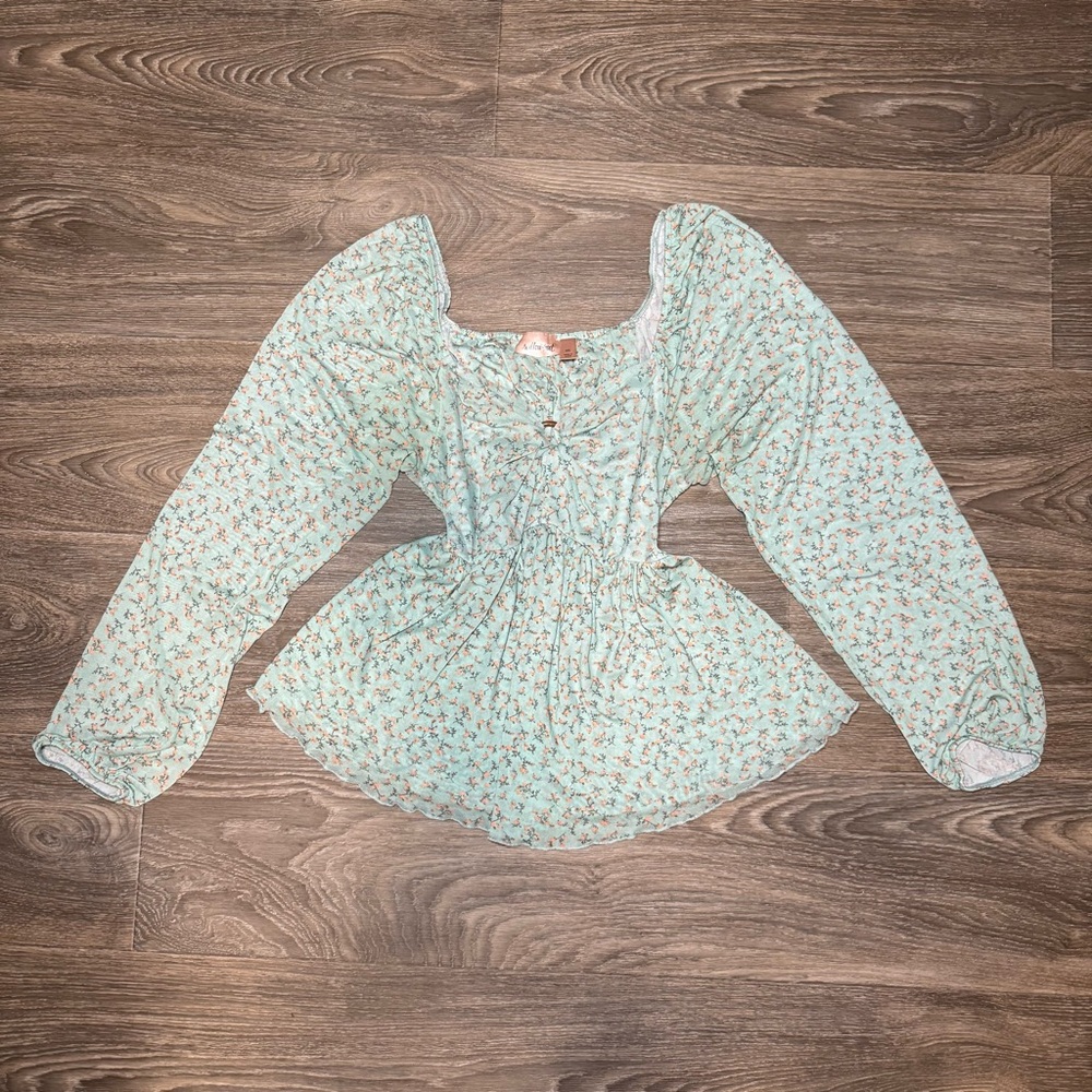 |SOLD| y2k babydoll sheer floral lace peplum balloon sleeve blouse top